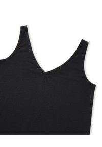 Zwart tanktop, mouwloos met een V-hals. Gemaakt van zachte, gladde stof met een subtiele textuur en gathered detail in het midden.