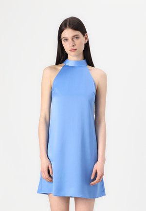 Light blue halter dress with a smooth, matte texture; loose fit with a straight hemline; features a high neckline and minimalistic design.
