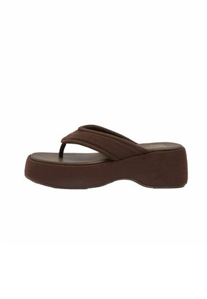Brown platform flip-flop with thick padded straps and a contoured sole, shown in side profile on a white background.