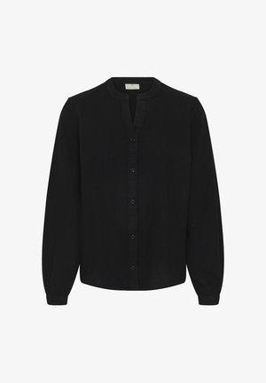 Blusa nera a maniche lunghe con colletto alla coreana, chiusura frontale con bottoni e polsini arricciati, realizzata in tessuto leggero.