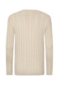 Beige Strickpullover mit langen Ärmeln, rundem Halsausschnitt und geripptem Saum. Verfügt über ein strukturiertes Muster mit erhobenen Zopfstrickmustern im gesamten Stoff.