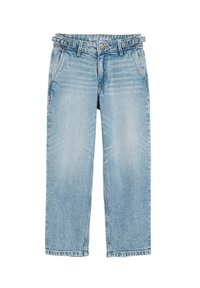 Jeans in denim azzurro chiaro con taglio dritto, dotati di cintura con passanti, cinque tasche e dettagli sbiaditi in tutto.
