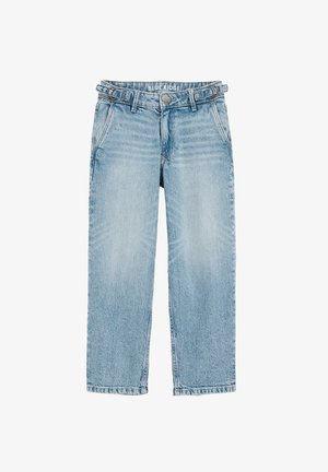 Jeans din denim de culoare bleu deschis, cu croială dreaptă, având un brâu cu bucle pentru curea, cinci buzunare și detalii uzate pe întreaga suprafață.