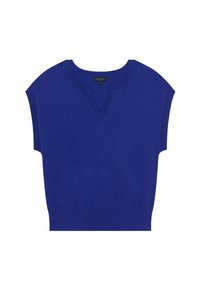 Top de punto de color azul profundo con mangas cortas y escote en V. Presenta un ajuste relajado y bordes acanalados. La etiqueta muestra la marca "CAROLL" y el tamaño "S".