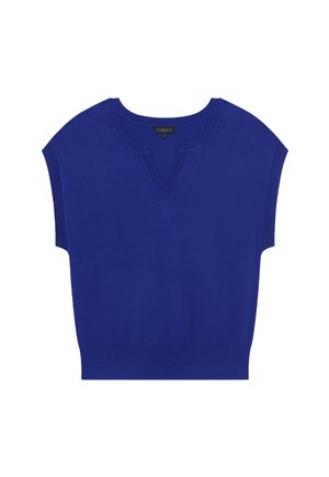 Top a maniche corte di colore blu intenso, realizzato in maglia con scollatura a V. Presenta una vestibilità comoda e bordi a costine. L'etichetta mostra il marchio "CAROLL" e la taglia "S".