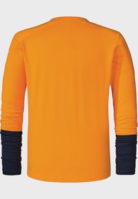 Långärmad skjorta med en orange kropp och marinblå ärmar. Tillverkad av ett mjukt, lätt material med rund halsringning.
