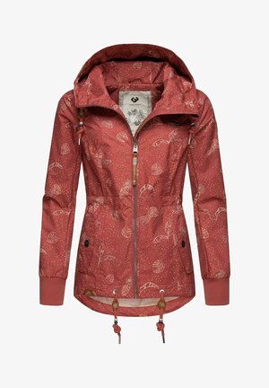 Giacca impermeabile rossa con un motivo a foglie e punti. Presenta una chiusura con zip, cappuccio regolabile e polsini elasticizzati.