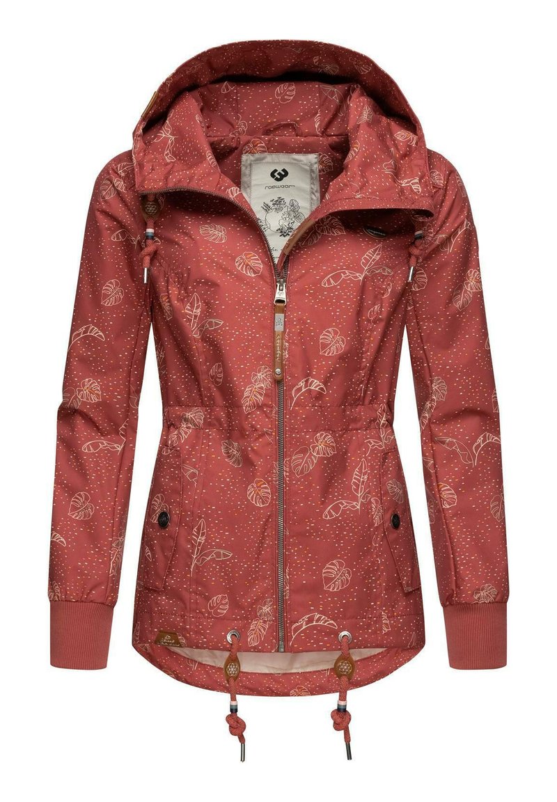 Giacca impermeabile rossa con un motivo a foglie e punti. Presenta una chiusura con zip, cappuccio regolabile e polsini elasticizzati.