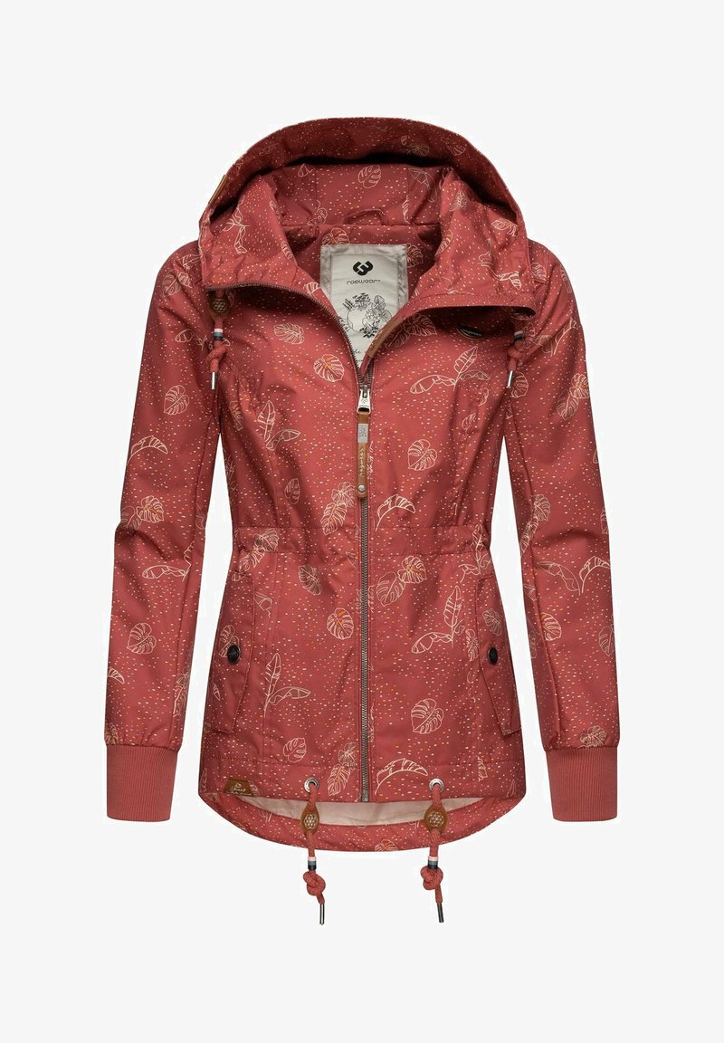 Red waterproof jacket with a patterned design of leaves and dots. Features a zip closure, adjustable hood, and elastic cuffs.