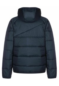 Marineblauwe pufferjas met een capuchon, met een doorgestikt ontwerp, een diagonale naad over de rug en elastische manchetten voor een strakke pasvorm.