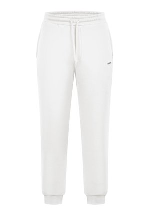 Witte joggerbroeken van zacht materiaal met een elastische tailleband, trekkoord en geribde boorden; beschikt over een discreet logo aan de zijkant.