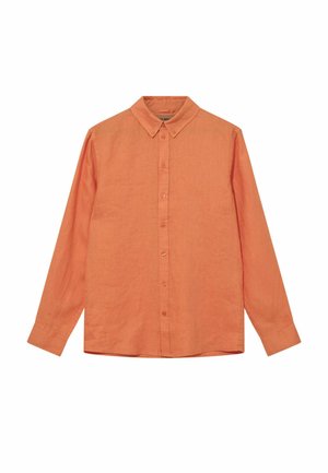 Košulja dugih rukava u prigušenoj narančastoj boji s ovratnikom i manšetama na gumbe, ravno položena na bijeloj pozadini.