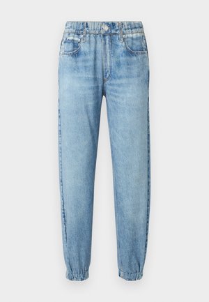 Blugi din denim albastru deschis, cu manșete elastice, nasture și fermoar frontal, șlițuri pentru curea și buzunare frontale.