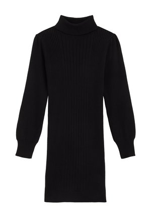 Schwarzes geripptes Kleid mit hohem Rollkragen, langen Puffärmeln und figurbetonendem Design, das durchgehend vertikale Textur aufweist.