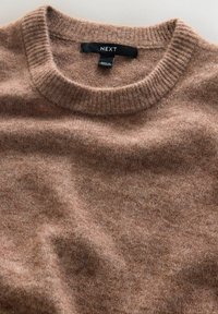 Brūns adīts vilnas džemperis ar ribotu apkakli un melnu zīmolu etiķeti ar uzrakstu "NEXT", kas iešūta kakla iekšpusē.