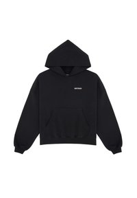 Czarna bluza z kapturem, z przednią kieszenią, długimi rękawami i ściągaczem na kapturze. Posiada małe białe logo na piersi. Wykonana z miękkiego materiału.