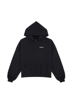 Czarna bluza z kapturem, z przednią kieszenią, długimi rękawami i ściągaczem na kapturze. Posiada małe białe logo na piersi. Wykonana z miękkiego materiału.