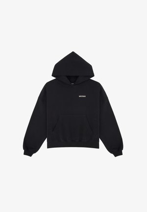 Czarna bluza z kapturem, z przednią kieszenią, długimi rękawami i ściągaczem na kapturze. Posiada małe białe logo na piersi. Wykonana z miękkiego materiału.
