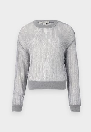 Silver metallic knit sweater with long sleeves, round neckline, and gray ribbed cuffs. Features a textured, open weave design.