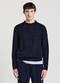 Marineblauer Pullover mit Zopfmuster, rundem Ausschnitt, strukturiertem Muster, gerippten Bündchen und Saum. Trägt darunter ein hellgraues Hemd, kombiniert mit dunklen Hosen.
