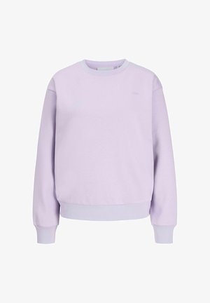 Sweatshirt violet clair en tissu doux, avec un col rond, des manches longues et des poignets et un ourlet côtelés. Branding subtil sur la poitrine.