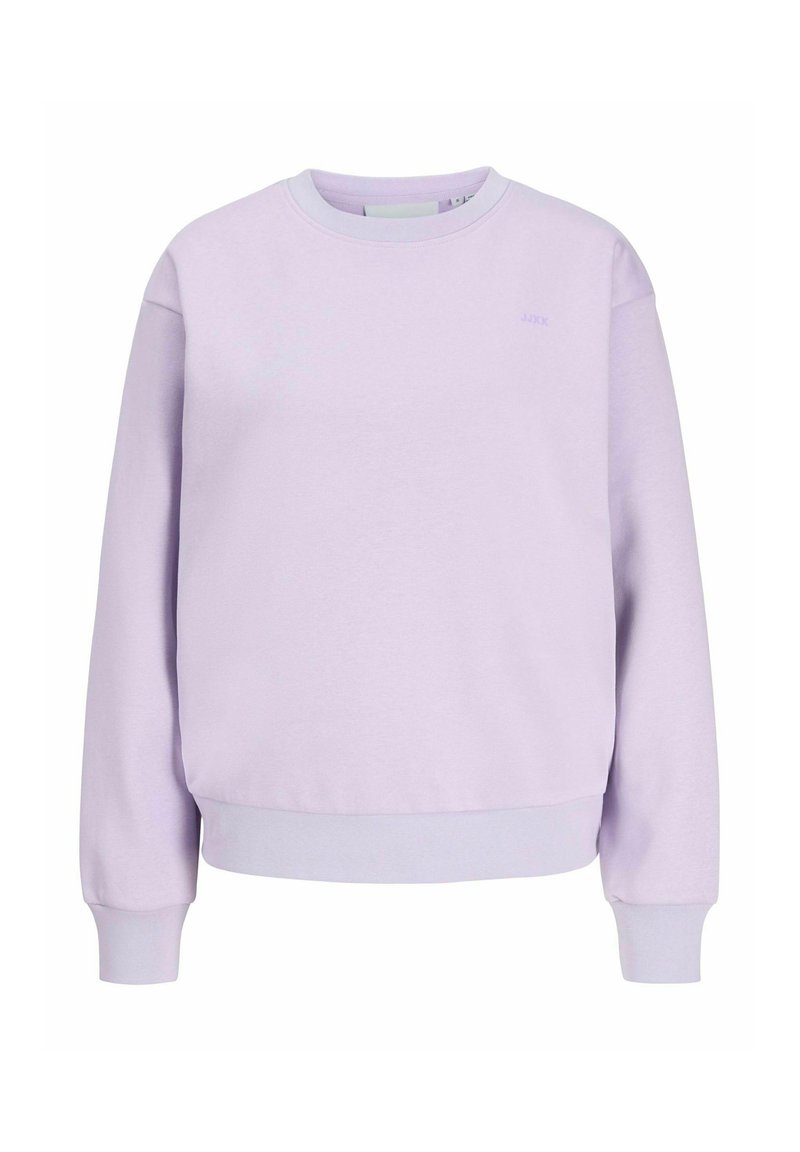 Light purple sweatshirt made of soft fabric, featuring a round neckline, long sleeves, and ribbed cuffs and hem. Subtle branding on chest.