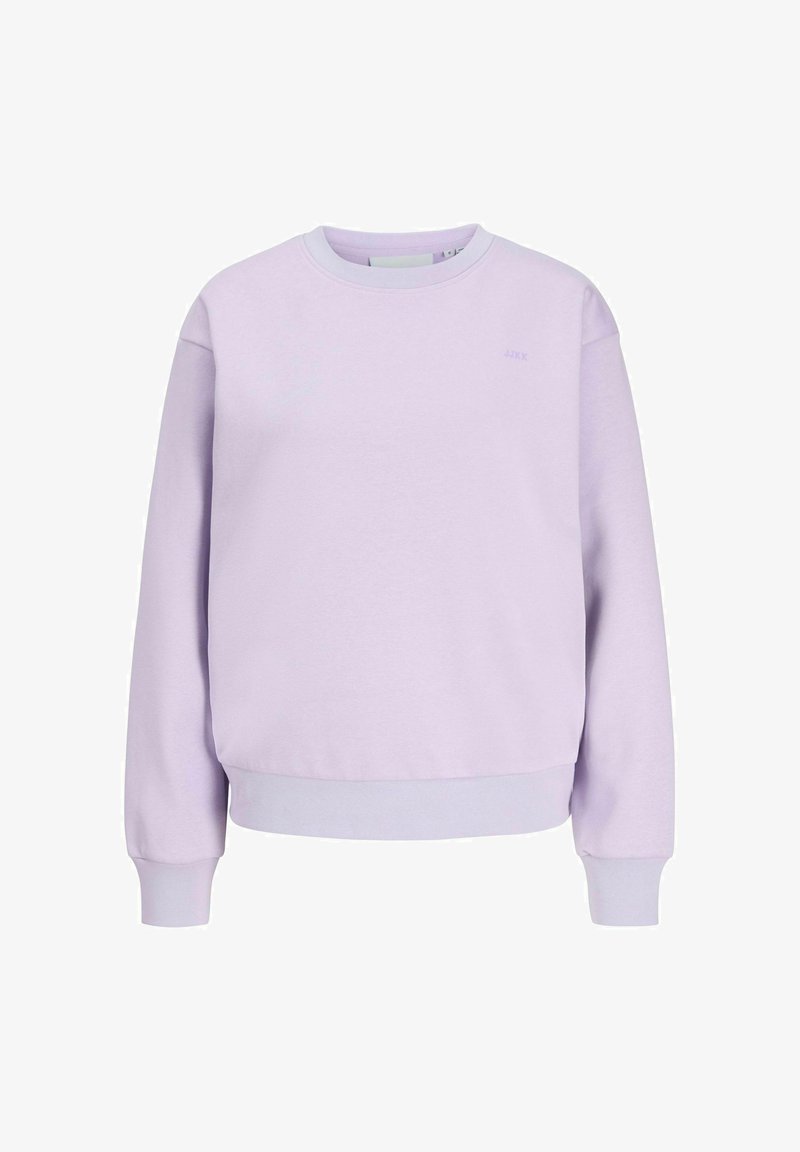 Light purple sweatshirt made of soft fabric, featuring a round neckline, long sleeves, and ribbed cuffs and hem. Subtle branding on chest.
