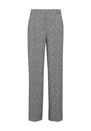 Black and white herringbone pattern trousers with a straight-leg cut, featuring a fitted waistband and no visible fastenings.