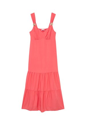 Robe midi corail sans manches avec ourlet à volants superposés et larges bretelles ornées d'embellissements dorés en forme de soleil aux épaules.