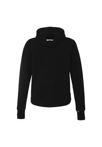 Sweat-shirt à capuche noir avec un ourlet côtelé, des manches longues et un patch logo à l'arrière du cou. Tissu doux, design simple.