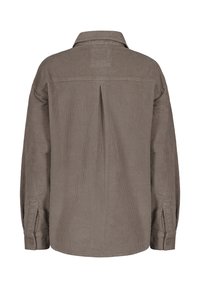 Brown corduroy shirt with a collar, buttoned cuffs, and a central back pleat. Features vertical ridges and a relaxed fit design.