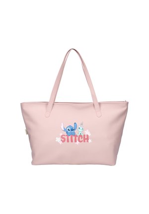 Sac en toile rose clair avec de longues poignées, mettant en vedette les personnages Stitch et Scrump au-dessus du texte "STITCH" entouré de petites fleurs.