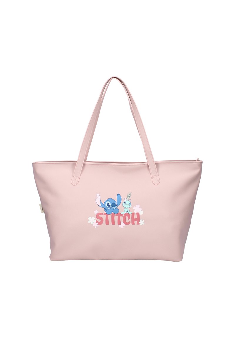Lyserød tote bag med lange håndtag, der viser Stitch og Scrump-figurer over "STITCH"-teksten omgivet af små blomster.