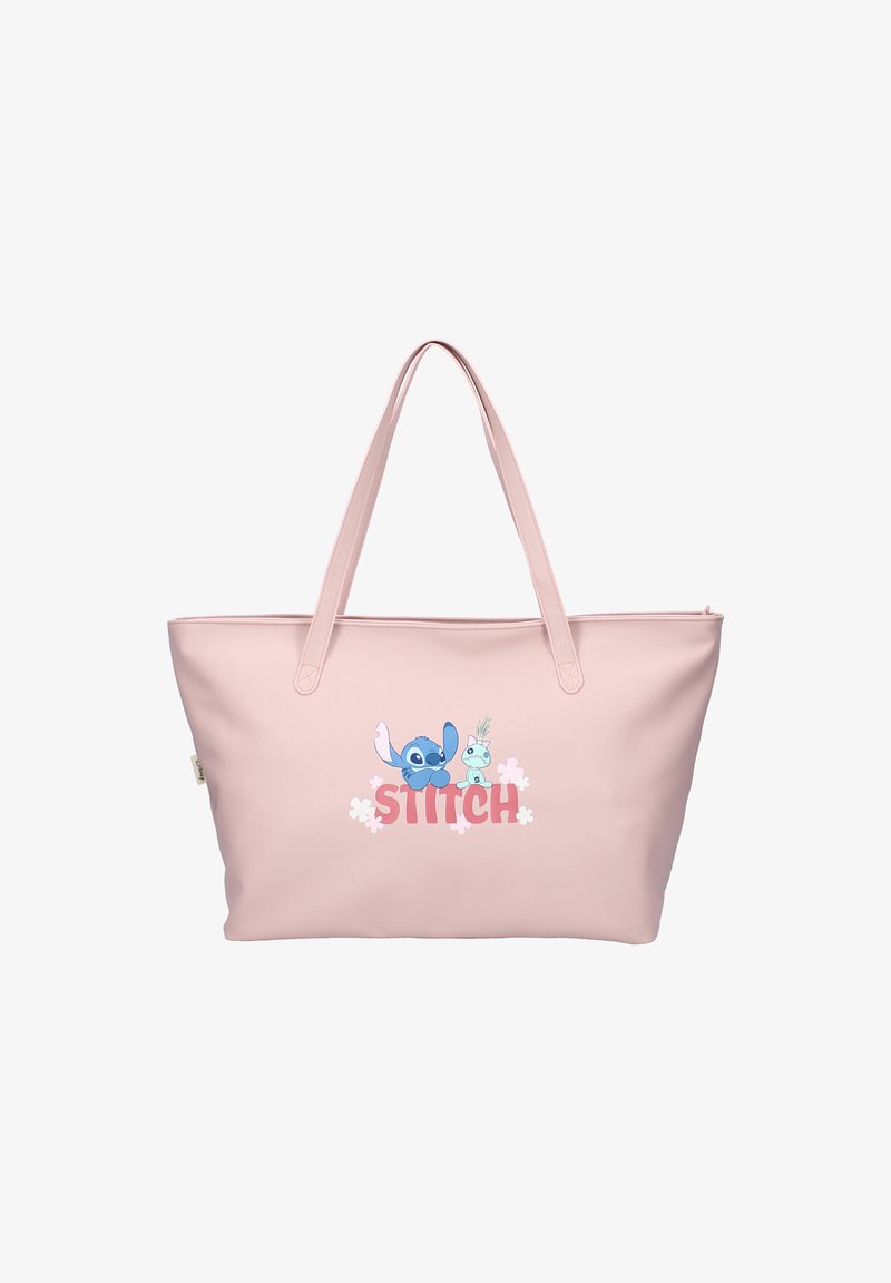 Helle rosa Tragetasche mit langen Griffen, auf der die Figuren Stitch und Scrump über dem Text "STITCH" mit kleinen Blumen dargestellt sind.