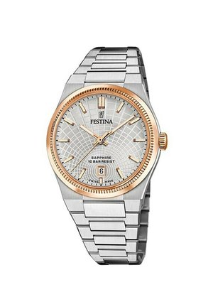 Montre-bracelet en acier inoxydable argenté avec un cadran texturé argenté, des accents en or rose et un affichage de la date à 6 heures. Elle est dotée d'un cristal saphir.