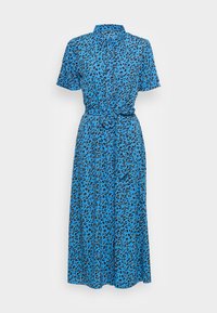 Niebieska sukienka midi w panterkę z krótkimi rękawami, kołnierzykiem i ściągniętą w talii. Wykonana z lekkiego materiału o zwiewnym kroju.