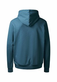 Sudadera con capucha en color verde azulado, con una textura suave, mangas largas y un bolsillo tipo canguro en la parte delantera.