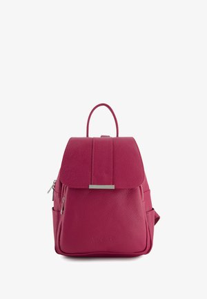 Fuchsia leather backpack with a textured finish, a flap closure, front pocket, side zippers, and a top handle for carrying.