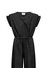 Zwarte culotte jumpsuit met korte mouwen, wikkelfront en elastische tailleband. Glad stof met subtiele textuur en geborduurde details.