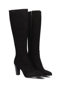 Een paar zwarte kniehoge laarzen met blokhakken en zijkleurige ritssluitingen, gemaakt van een suede-achtige stof.