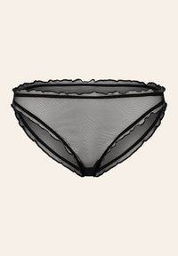 Schwarze Mesh-Brief mit Rüschenkanten, versehen mit kontrastierenden schwarzen Abschlüssen. Weiche Textur mit transparenter Optik, entworfen in einer klassischen Form.