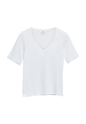 Blouse blanche à manches courtes avec col en V, coupe légèrement ample et design simple, étiquetée s.Oliver.