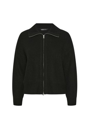 Schwarzer Strickpullover mit einem Reißverschluss vorne, breitem Kragen und geripptem Saum. Verfügt über übergroße Ärmel und strukturierter Stoff.