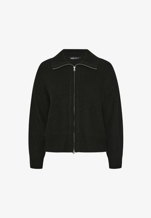 Czarny sweter dzianinowy z zapięciem na zamek, szerokim kołnierzem i prążkowanym dołem. Posiada oversize'owe rękawy i teksturowaną tkaninę.