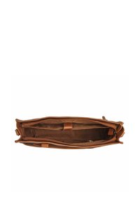 Borsa a mano in pelle marrone con chiusura a zip, interni spaziosi e due compartimenti. Texture liscia con una leggera lucentezza e accenti minimali.