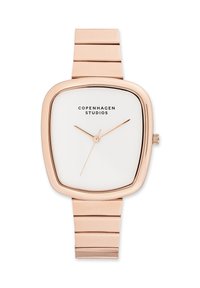 Orologio quadrato in oro rosa con quadrante bianco, design minimalista, lancette sottili e cinturino metallici a maglia con link rettangolari.