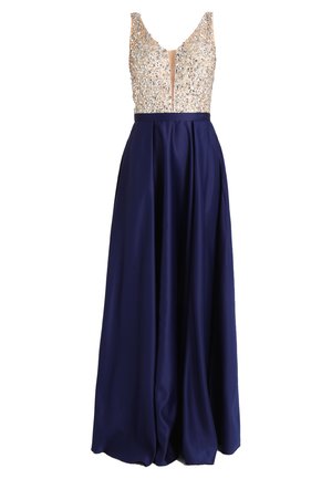 Abito da sera navy con gonna lungo fino al pavimento, corpetto aderente con decorazioni beige, scollo a V profondo e design plissettato.