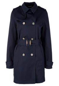 Námorně modrý trenčkot s dvojitým zapínáním, stříbrnými knoflíky, páskem v pase, ramenními epauletami a bočními kapsami.