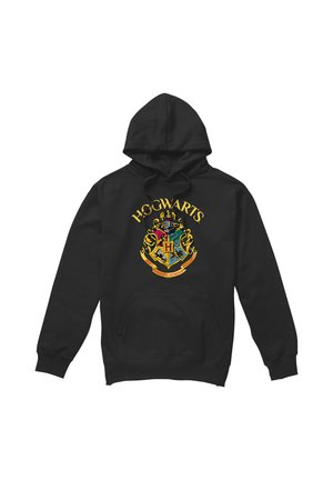 Black hoodie with Hogwarts crest and yellow Hogwarts text above, featuring house mascots and Latin motto on front pocket area.