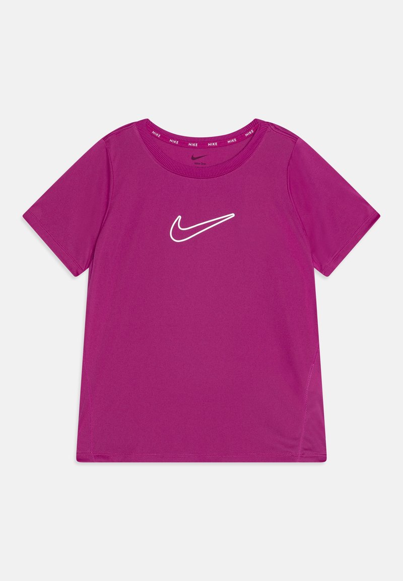 Lilla Nike t-skjorte med korte ermer, rund hals og en hvit Nike-logo foran. Laget av glatt, lett stoff.
